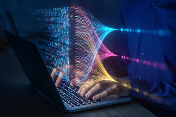 Data science and big data technology. Data scientist computing, analysing and visualizing complex data set on computer. Data mining, artificial intelligence, machine learning, business analytics.